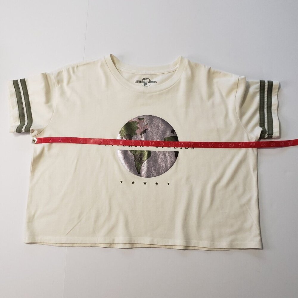 Universal Studios Women's Size Large Crop Top Ivory Green & Silver Globe Graphic - Picture 6 of 14